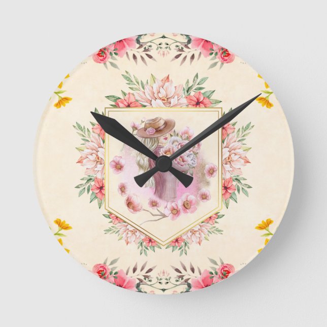 Bright Floral Art, Pink Lady Of Spring Round Clock (Front)