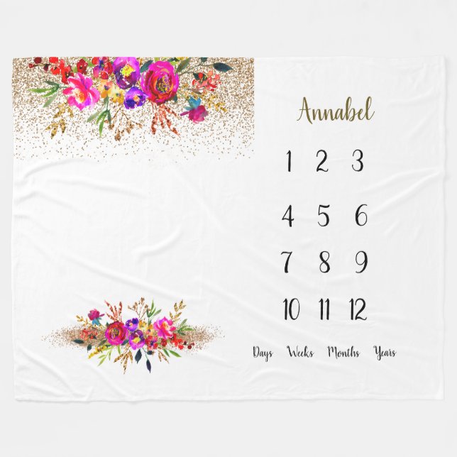 Bright floral Baby 1st year Milestone   Fleece Blanket (Front (Horizontal))