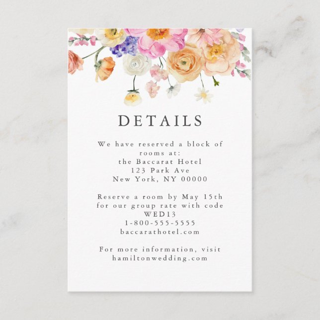 Bright Floral Botanical Wedding Details Card (Front)