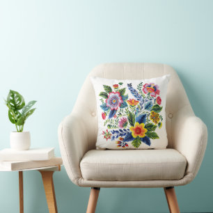 Bright Floral Bouquet Faux Yarn Embroidery  Throw Pillow