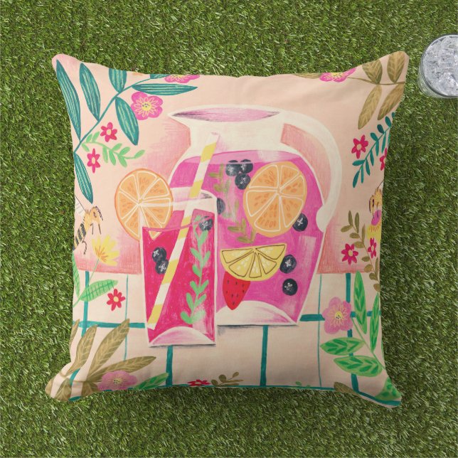 Bright Floral Colourful Fruit Summer Outdoor Pillow (Grass)