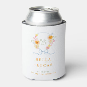 Bright Floral Crest Monogram Spring Wedding Favor Can Cooler