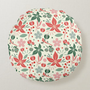 Bright Floral Design with Green Leaves and Dot Round Pillow