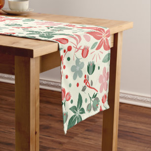 Bright Floral Design with Green Leaves and Dot Short Table Runner