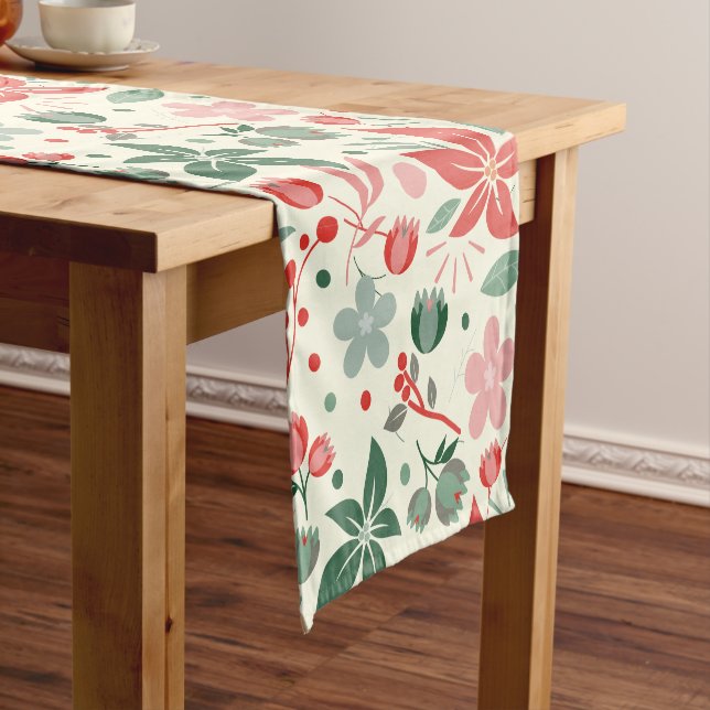 Bright Floral Design with Green Leaves and Dot Short Table Runner (In Situ)