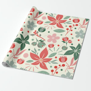 Bright Floral Design with Green Leaves and Dot Wrapping Paper