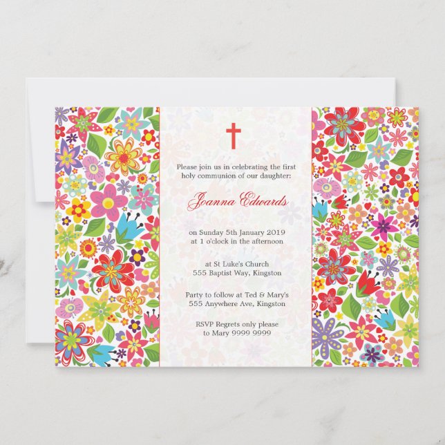 Bright Floral First Communion Personalized Invites (Front)