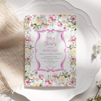 Bright Floral Garden Pink Ribbon Baby Shower Invitation