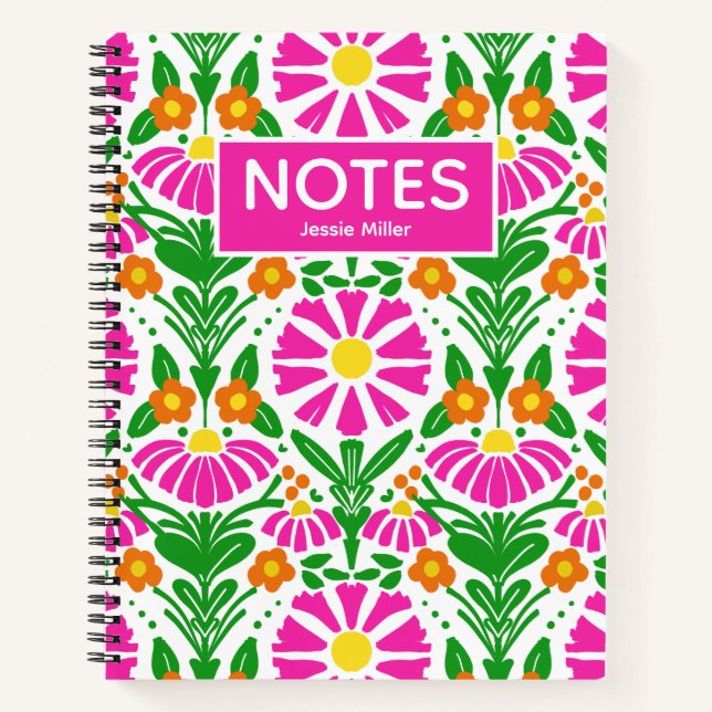 Bright Floral Magenta Orange Green Personalized  Notebook (Front)