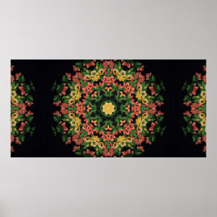 Bright floral mandala with red and yellow flowers. poster