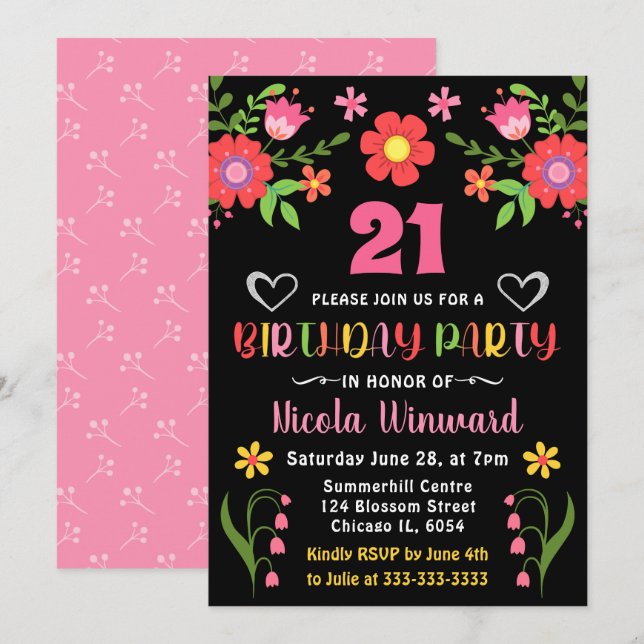 Bright Floral Mexican Fiesta Birthday Party Invitation (Front/Back)