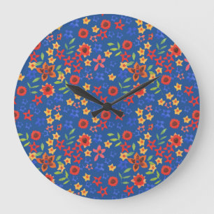 Bright Floral Miniprint on Blue Round Wall Clock