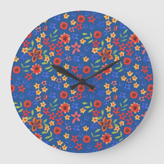 Bright Floral Miniprint on Blue Round Wall Clock (Front)