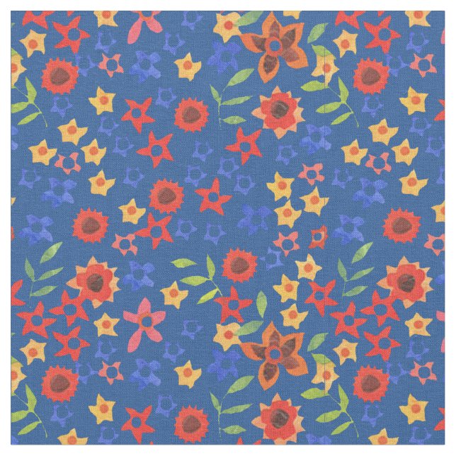 Bright Floral Miniprint Pattern on Blue Fabric (Close Up)