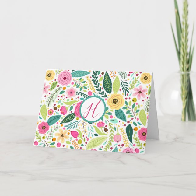 Bright Floral Monogram  Thank You Card (Front)