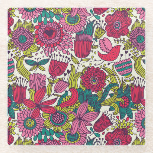 Bright floral pattern glass coaster