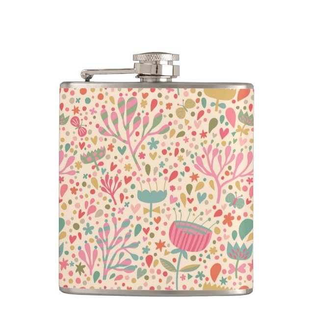 Bright floral pattern hip flask (Front)