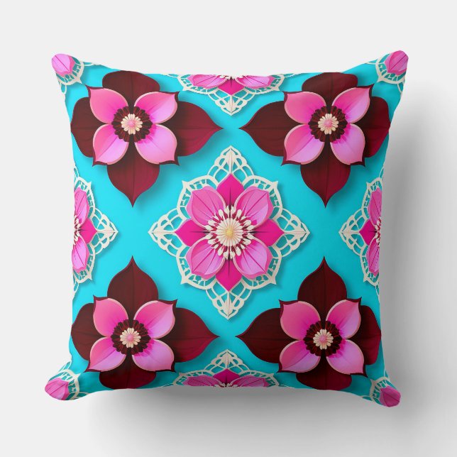 Bright Floral Pattern with Pink Flowers Throw Pillow (Front)