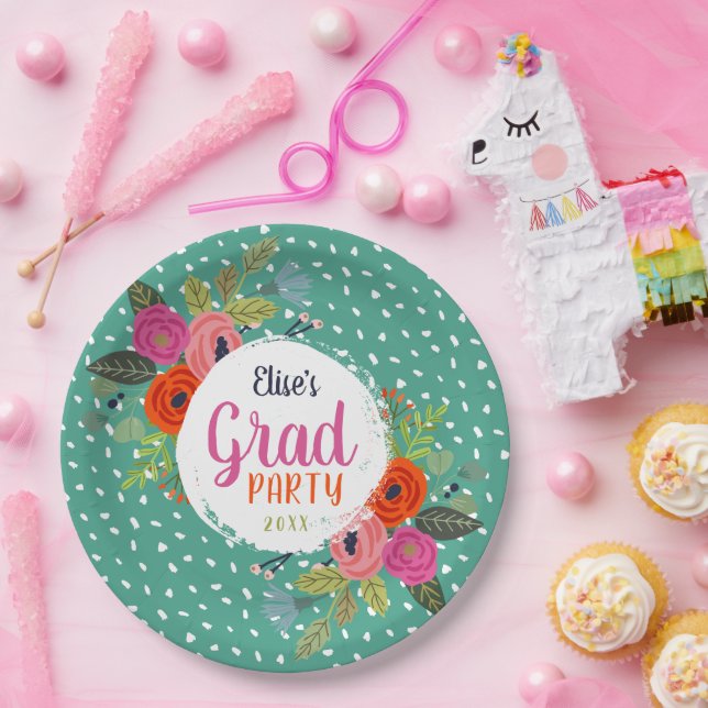 Bright Floral Personalized Graduation Party Paper Plate (Party)