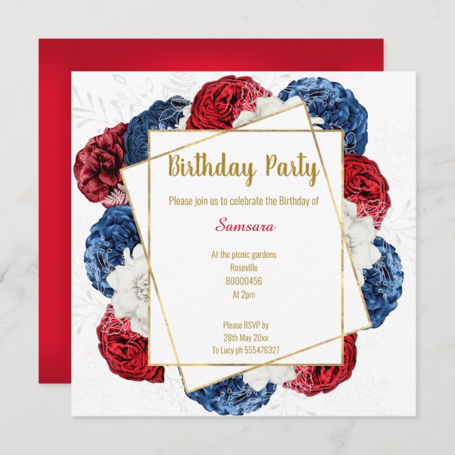 BRIGHT FLORAL RED BLUE WHITE FRAME BIRTHDAY SQUARE INVITATION (Front/Back)