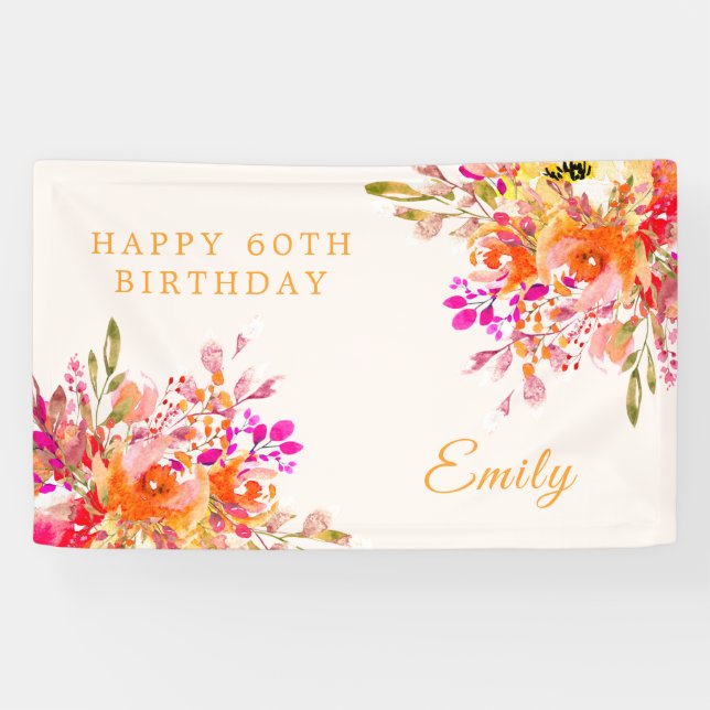 Bright Floral Romantic 60th Birthday Party Banner (Horizontal)
