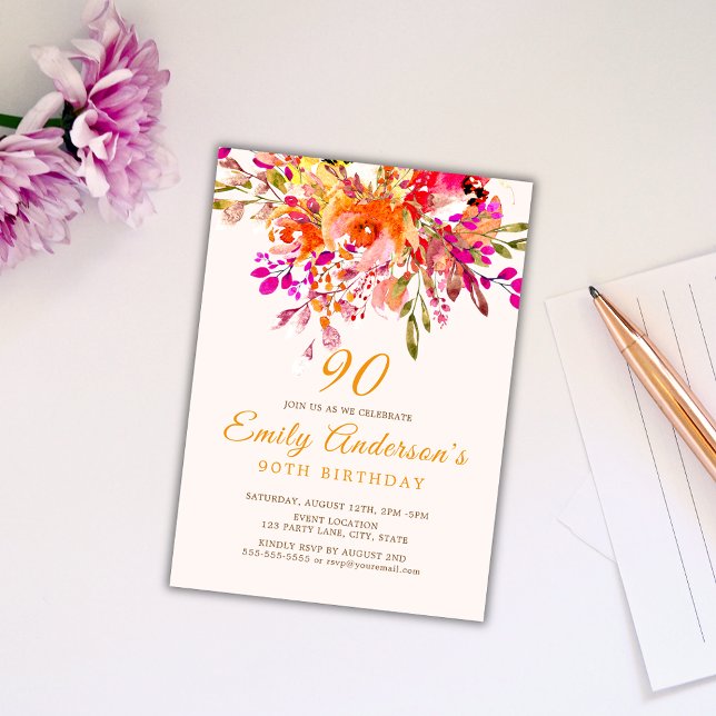 Bright Floral Romantic 90th Birthday Party Invitation (Creator Uploaded)