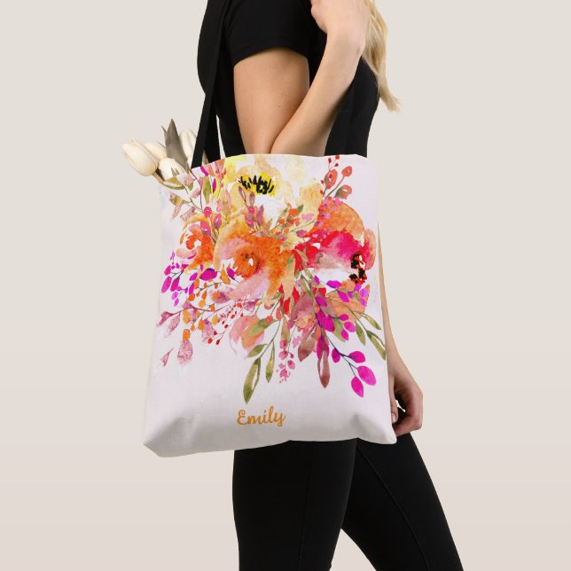 Bright Floral Romantic Custom Name Tote Bag (Close Up)