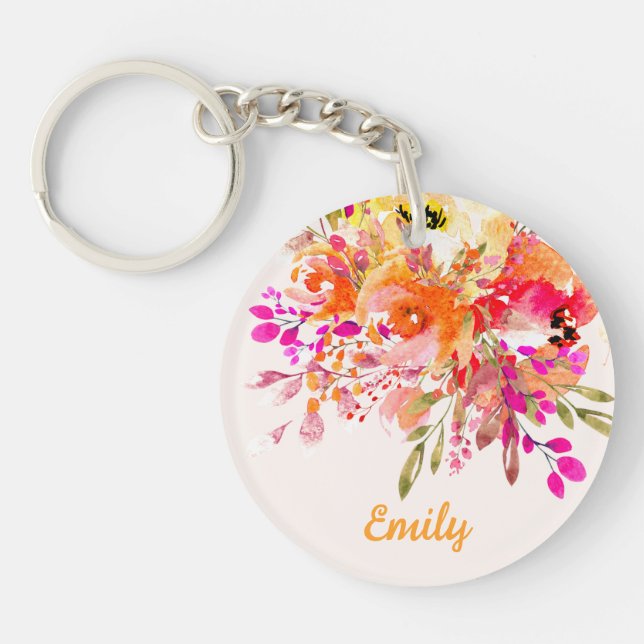 Bright Floral Romantic Personalized Keychain (Front)