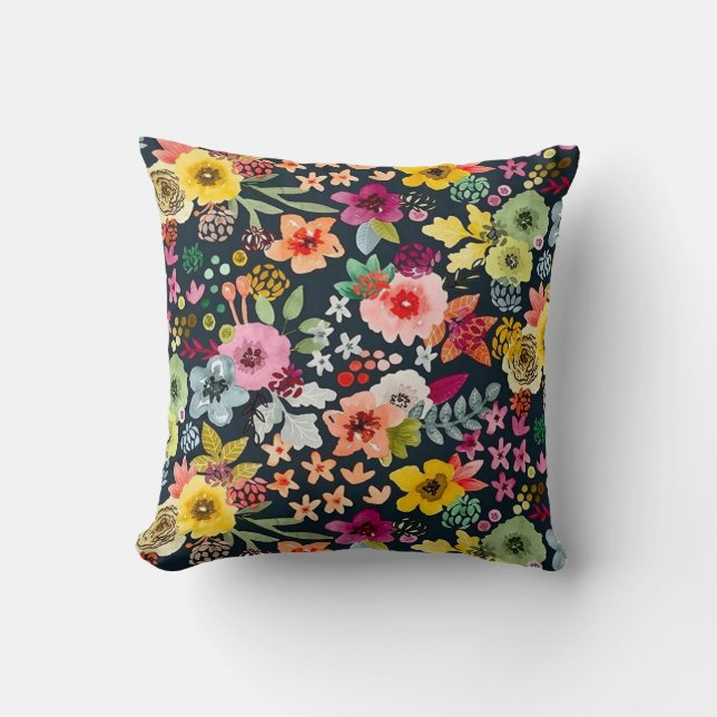 Bright Floral Satin Pattern On Black Throw Pillow (Front)