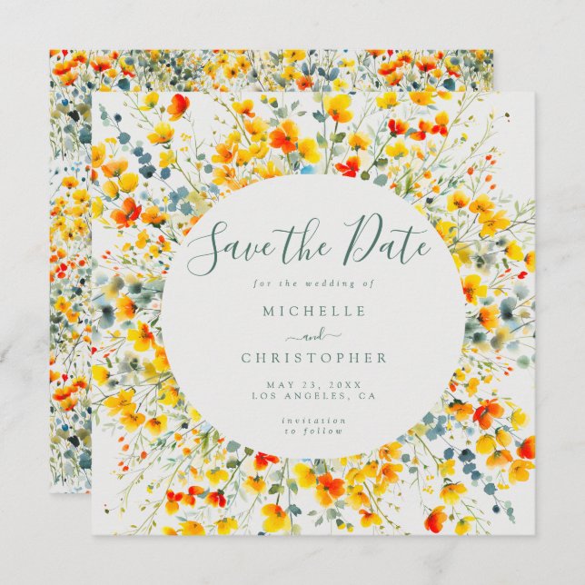 Bright Floral Square Wedding Save The Date (Front/Back)