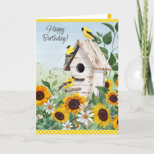 Bright floral sunflowers and birds birthday card