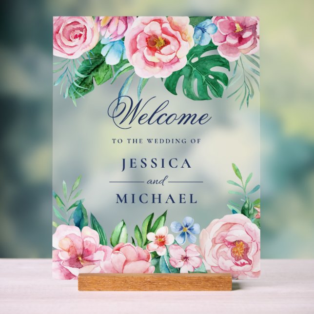 Bright Floral Tropical Wedding Welcome Acrylic Sign (Neutral)
