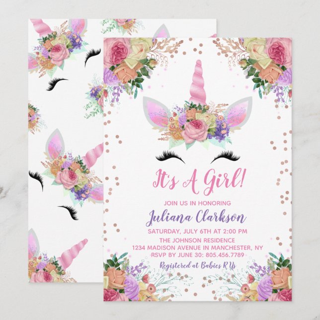 Bright Floral Unicorn Baby Shower Invitation (Front/Back)