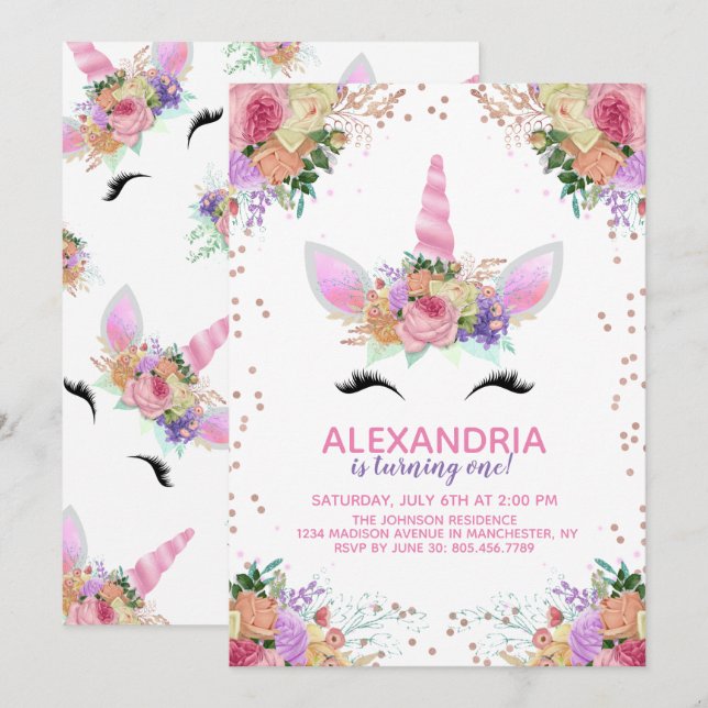 Bright Floral Unicorn Birthday Invitation (Front/Back)