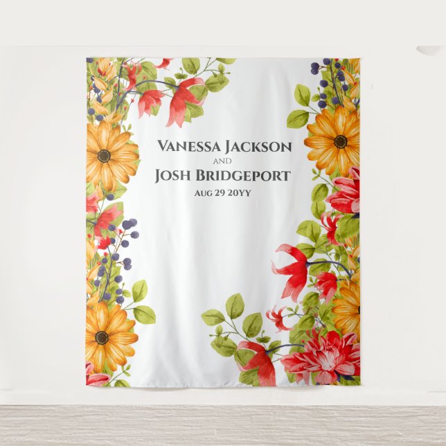 Bright Floral Watercolor Wall Backdrop Tapestry (Front)