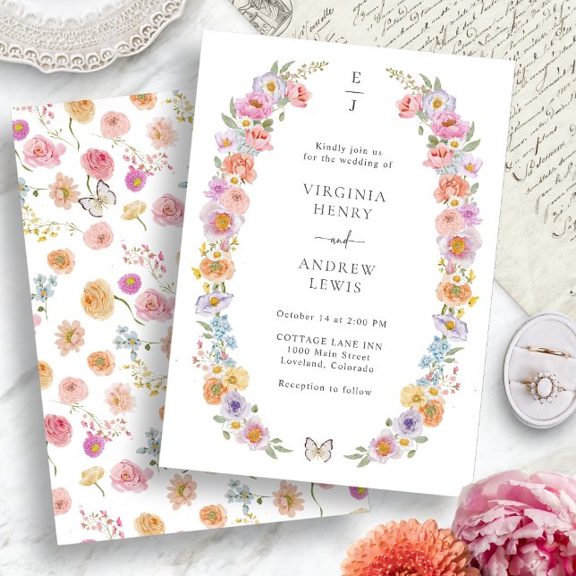 Bright Floral Wedding Invitation (Bright Floral Wedding Invitation with Monogram by Painted Paperie
)