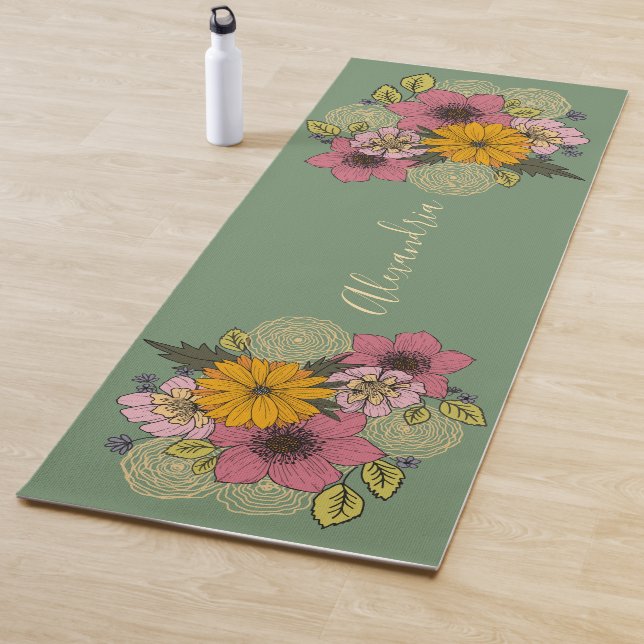 Bright Florals on soft Green, Personalized Yoga Mat (In Situ)