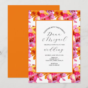 Bright Florals Pink Orange Watercolor Wedding Card