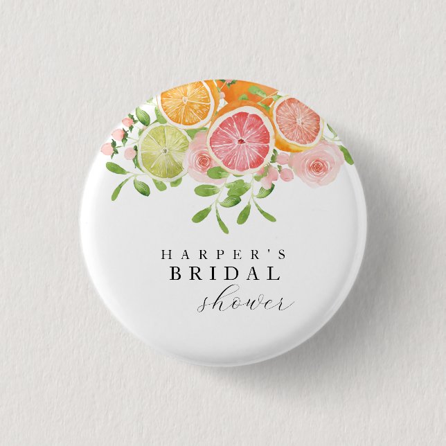 Bright flower and citrus bridal shower 1 inch round button (Front)