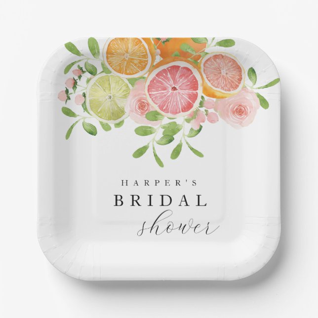 Bright flower and citrus bridal shower paper plate (Front)