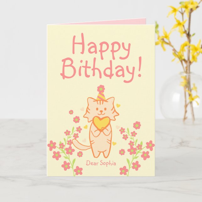 Bright Flower&Cute Cat wearing Hat&Heart Birthday  Card (Yellow Flower)