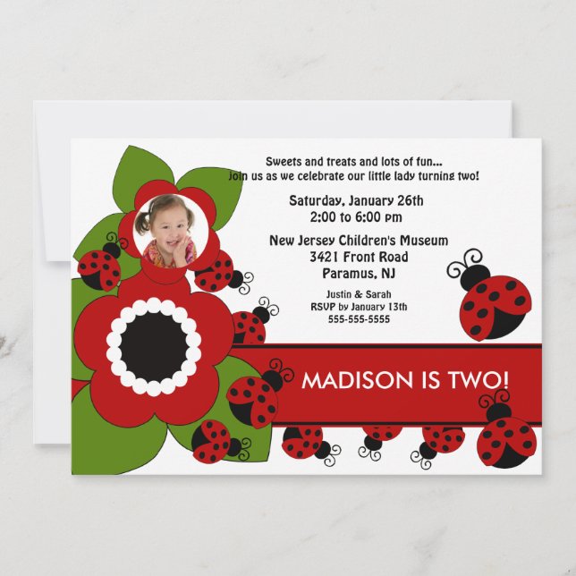 Bright flower & Ladybug Photo Birthday Invitation (Front)