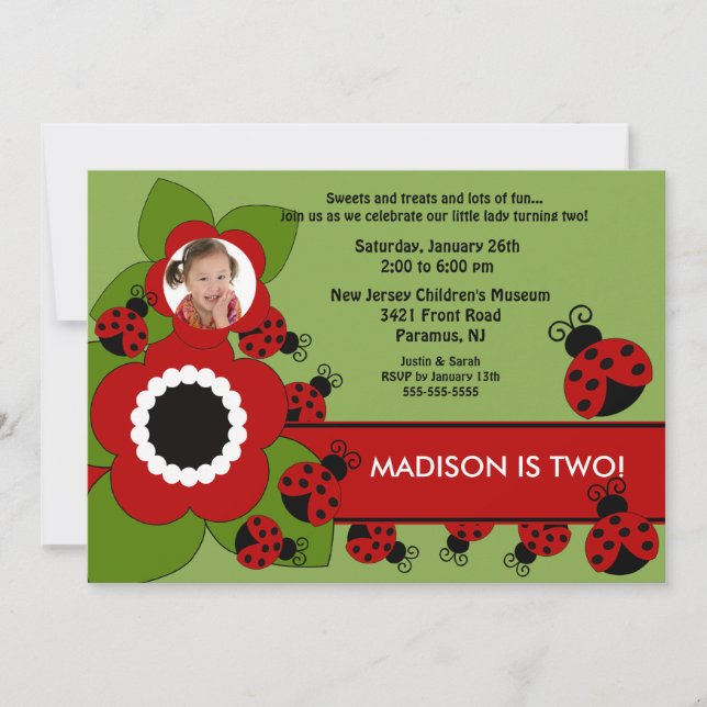 Bright flower & Ladybug Photo Invitation d'anniver (Devant)