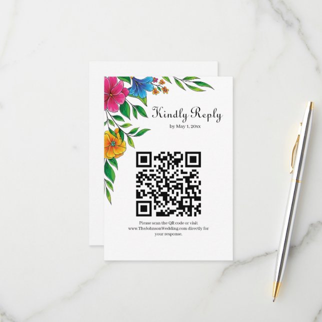 Bright Flower Spring Summer Wedding QR code RSVP Card (Front/Back In Situ)