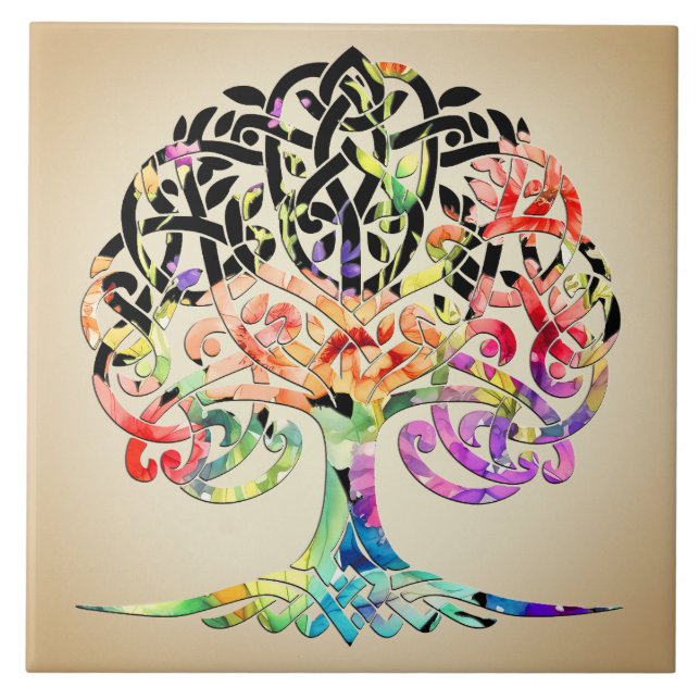 Bright Flowered Tree of Life Ceramic Tile (Front)