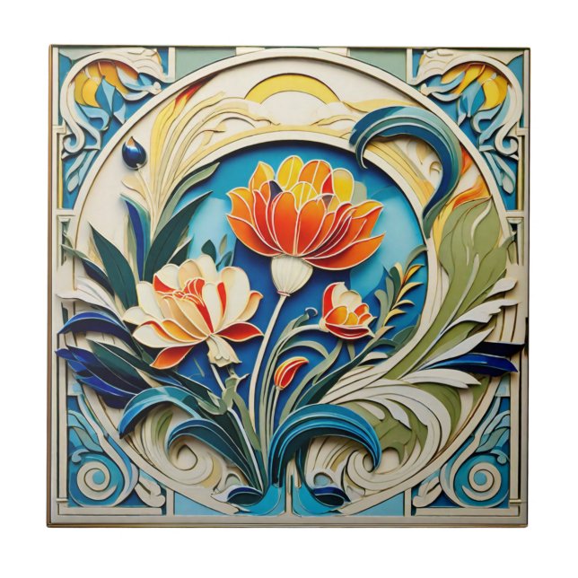 Bright Flowers Art Deco Ceramic Tile (Front)