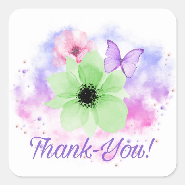 Bright Flowers & Butterfly, Watercolor Background  Square Sticker (Front)