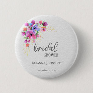 Bright Flowers Golden Greenery Bridal Shower 2 Inch Round Button