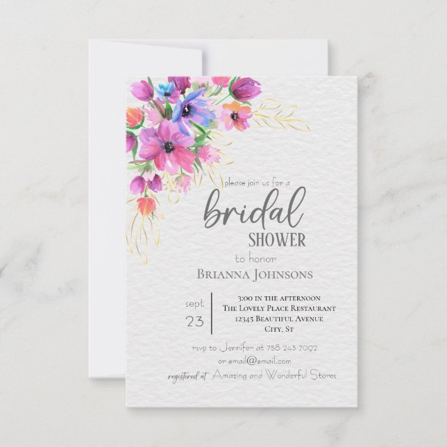 Bright Flowers Golden Greenery Bridal Shower Invitation (Front)