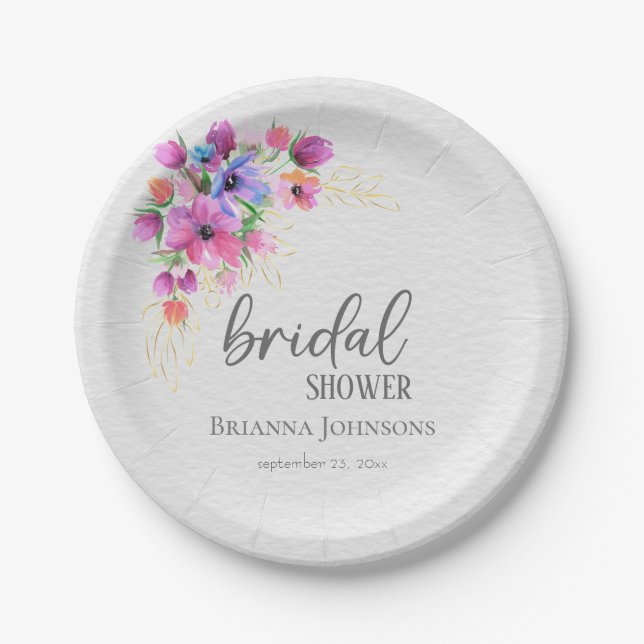 Bright Flowers Golden Greenery Bridal Shower Paper Plate (Front)